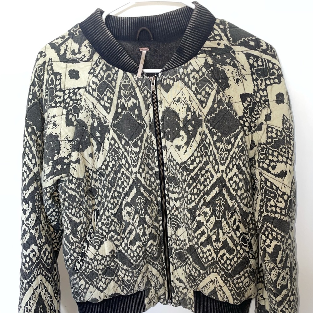 Free People Quilted Bomber Jacket Boho Print Black - Picture 2 of 10